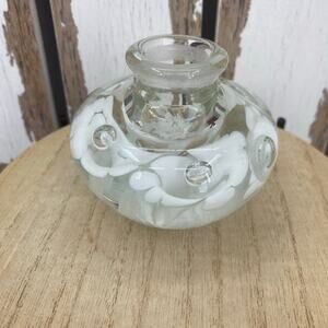 Murano Style Glass Mini Vase Paperweight Clear Glass Milky White Flowers 2 1/4”